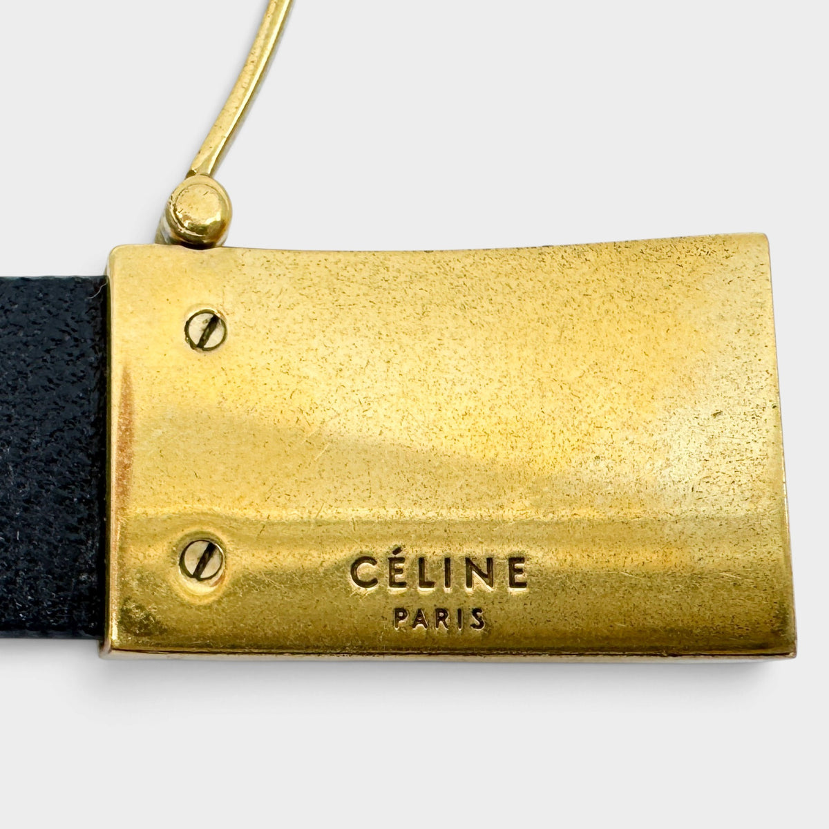 Celine Phoebe Philo Minimal Navy Leather Gold Brass Slide Lock Cuff Bracelet M