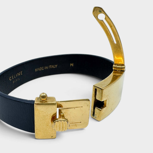 Celine Phoebe Philo Minimal Navy Leather Gold Brass Slide Lock Cuff Bracelet M