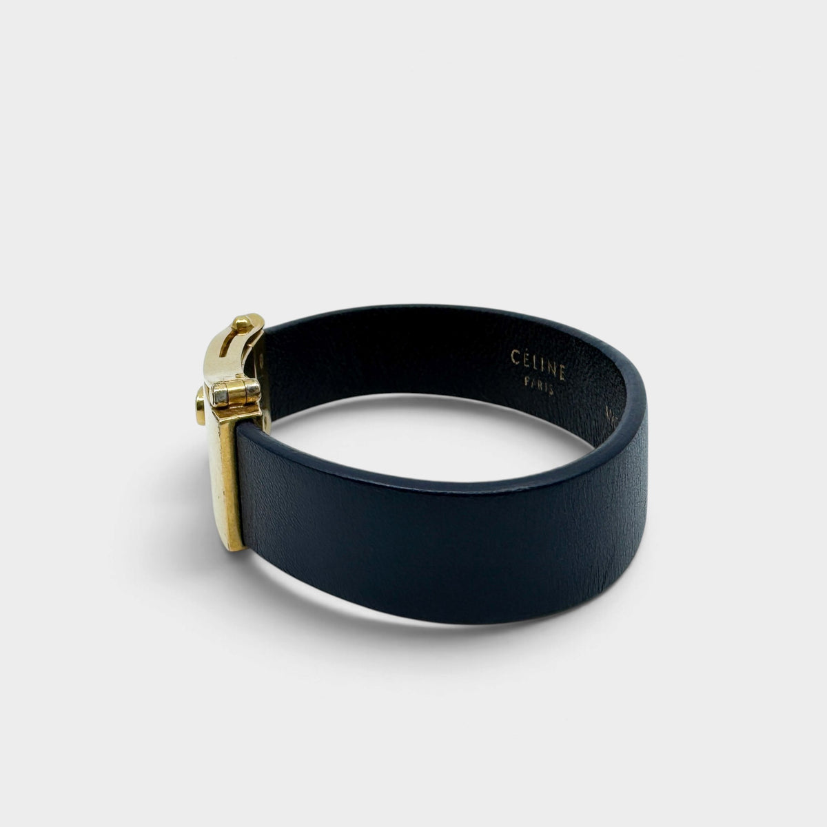 Celine Phoebe Philo Minimal Navy Leather Gold Brass Slide Lock Cuff Bracelet M