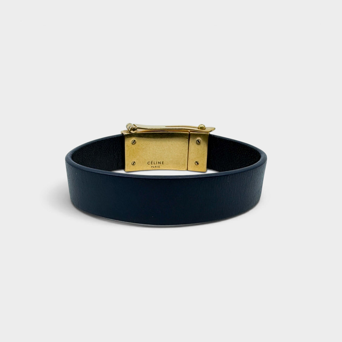 Celine Phoebe Philo Minimal Navy Leather Gold Brass Slide Lock Cuff Bracelet M