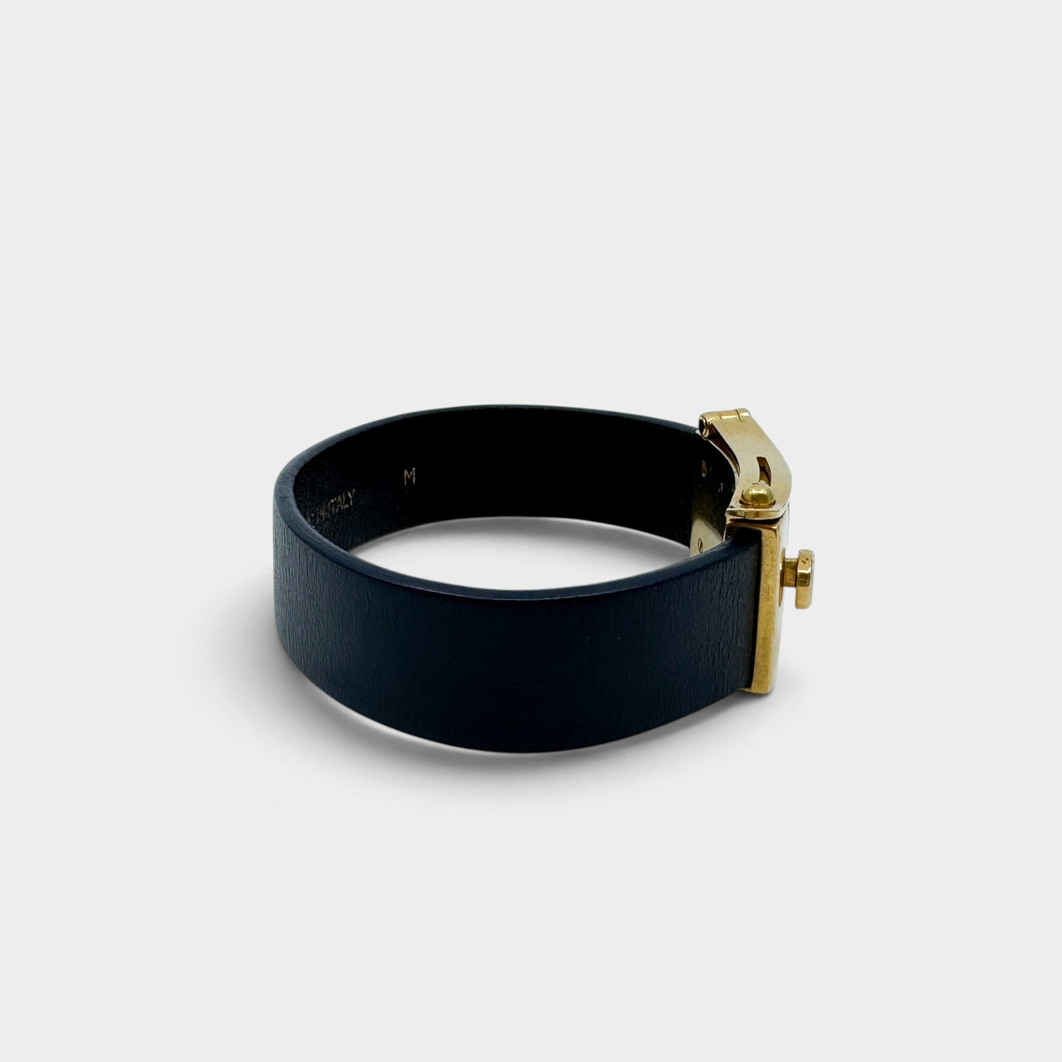 Celine Phoebe Philo Minimal Navy Leather Gold Brass Slide Lock Cuff Bracelet M