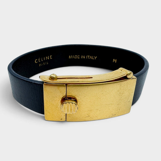 Celine Phoebe Philo Minimal Navy Leather Gold Brass Slide Lock Cuff Bracelet M