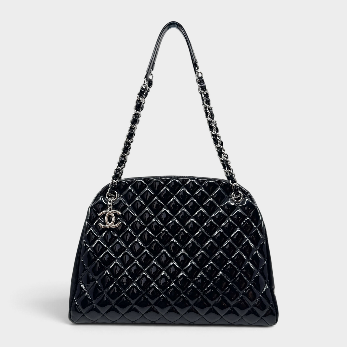 Studio61 Preloved Boutique Sydney Chanel black quilted patent leather Just Mademoiselle bowling bag with silver chain strap