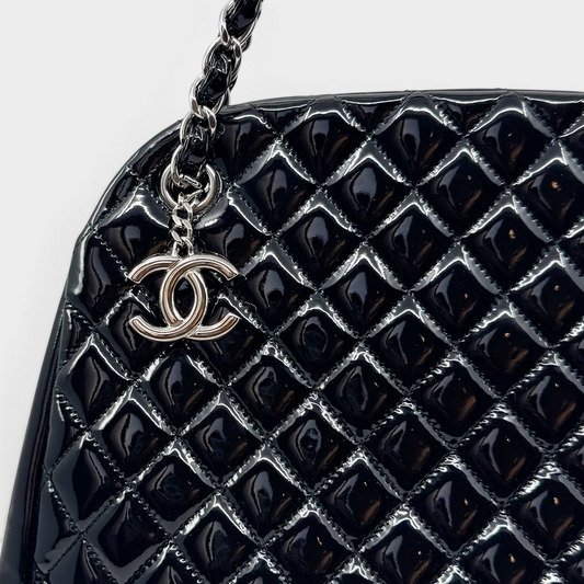 Studio61 Preloved Boutique Sydney Chanel black quilted patent leather Just Mademoiselle bag with silver CC charm