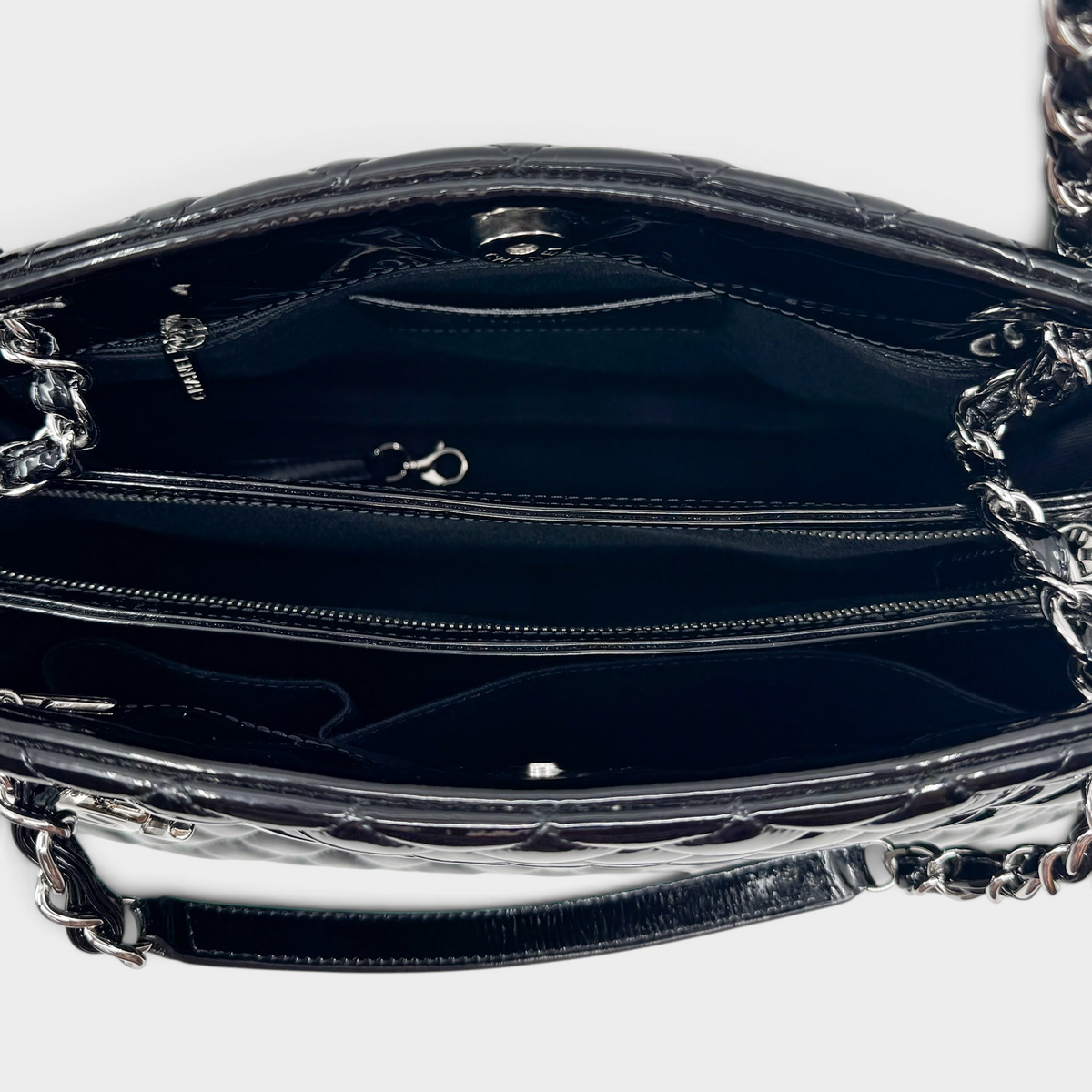 Studio61 Preloved Boutique Sydney Chanel Just Mademoiselle bowling bag interior with black fabric lining and compartments