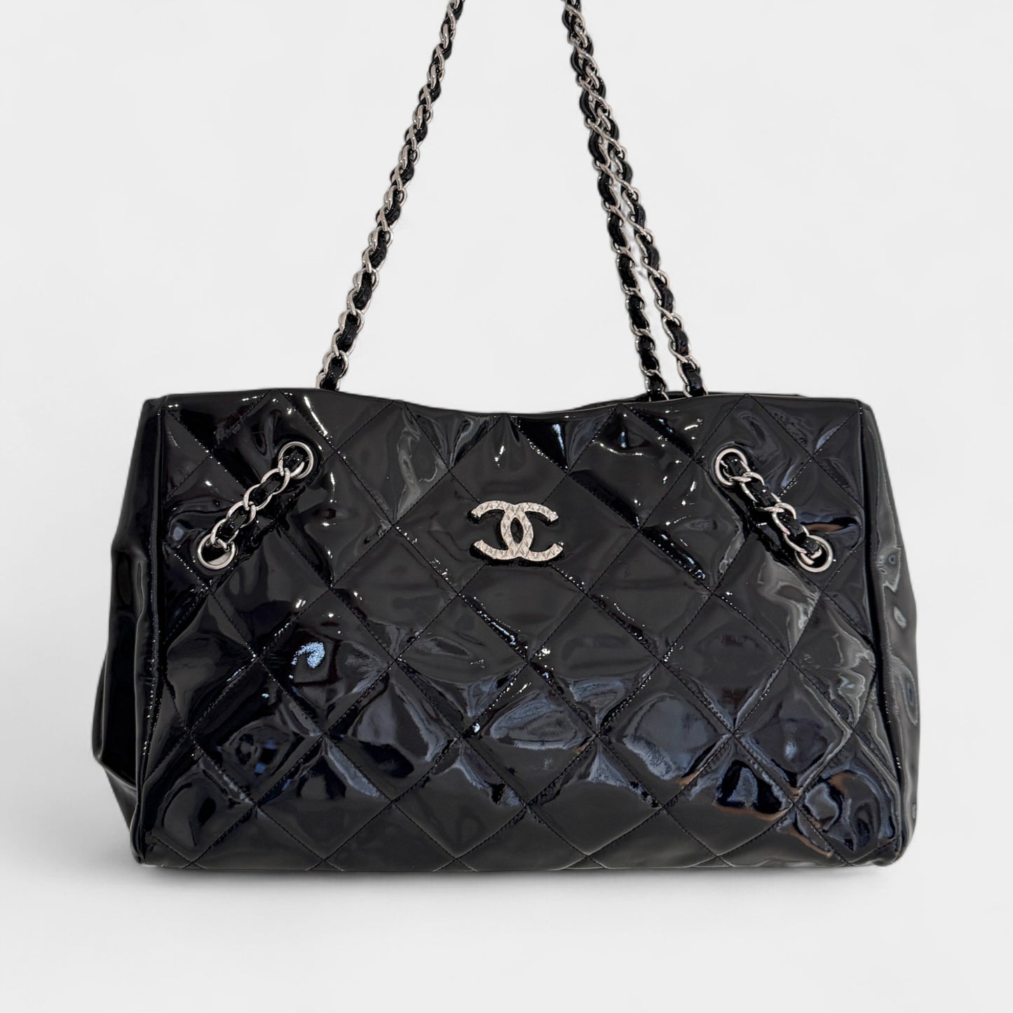 Chanel Black Quilted Patent Leather Brilliant Cells Tote Bag
