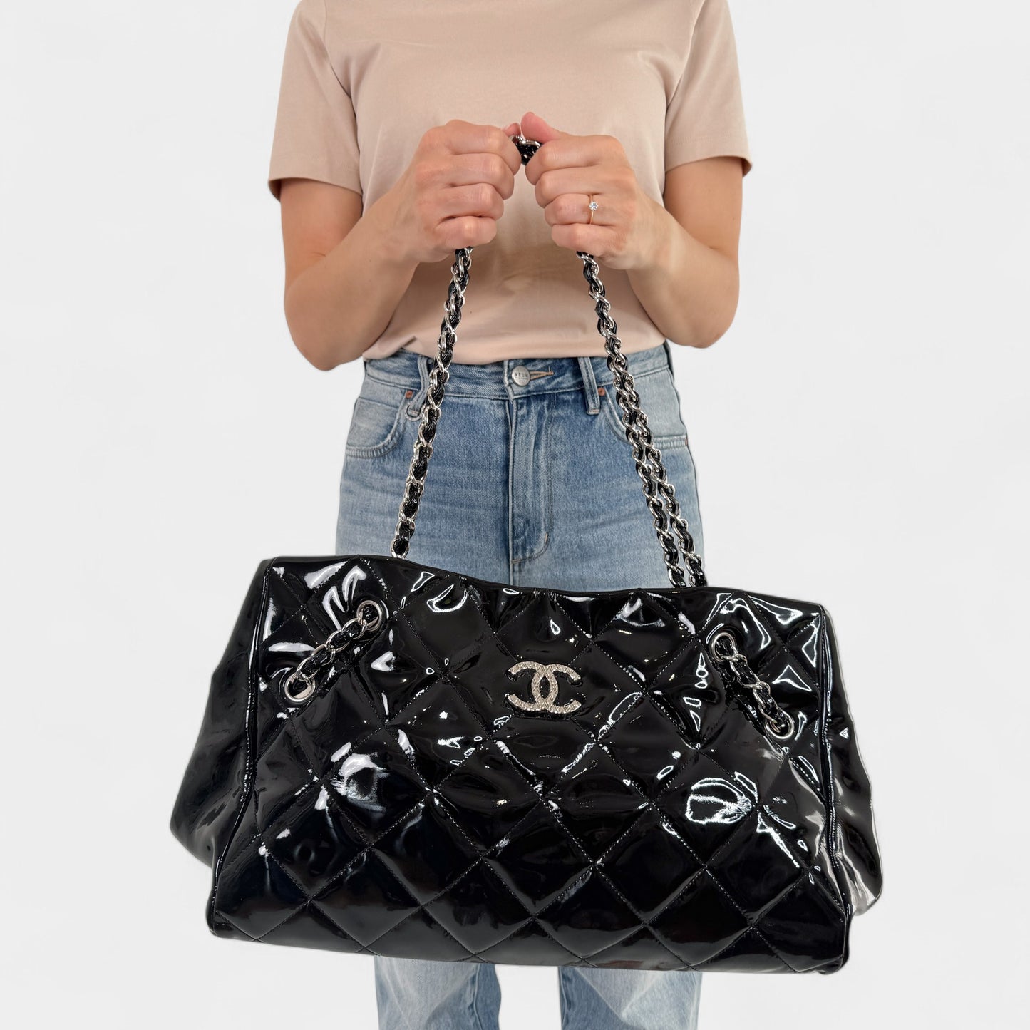 Chanel Black Quilted Patent Leather Brilliant Cells Tote Bag