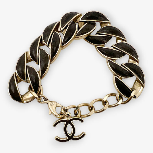 Chanel CC Soft Gold Metal & Brown Leather Chain Link Bracelet