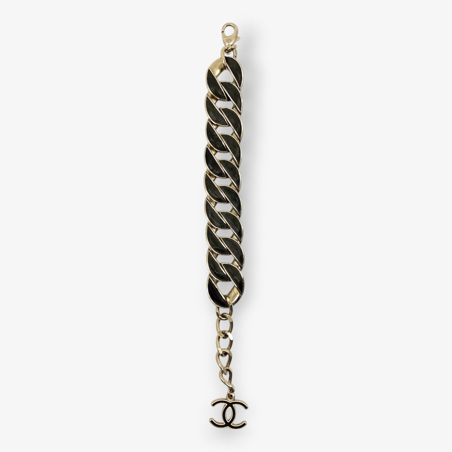 Chanel CC Soft Gold Metal & Brown Leather Chain Link Bracelet