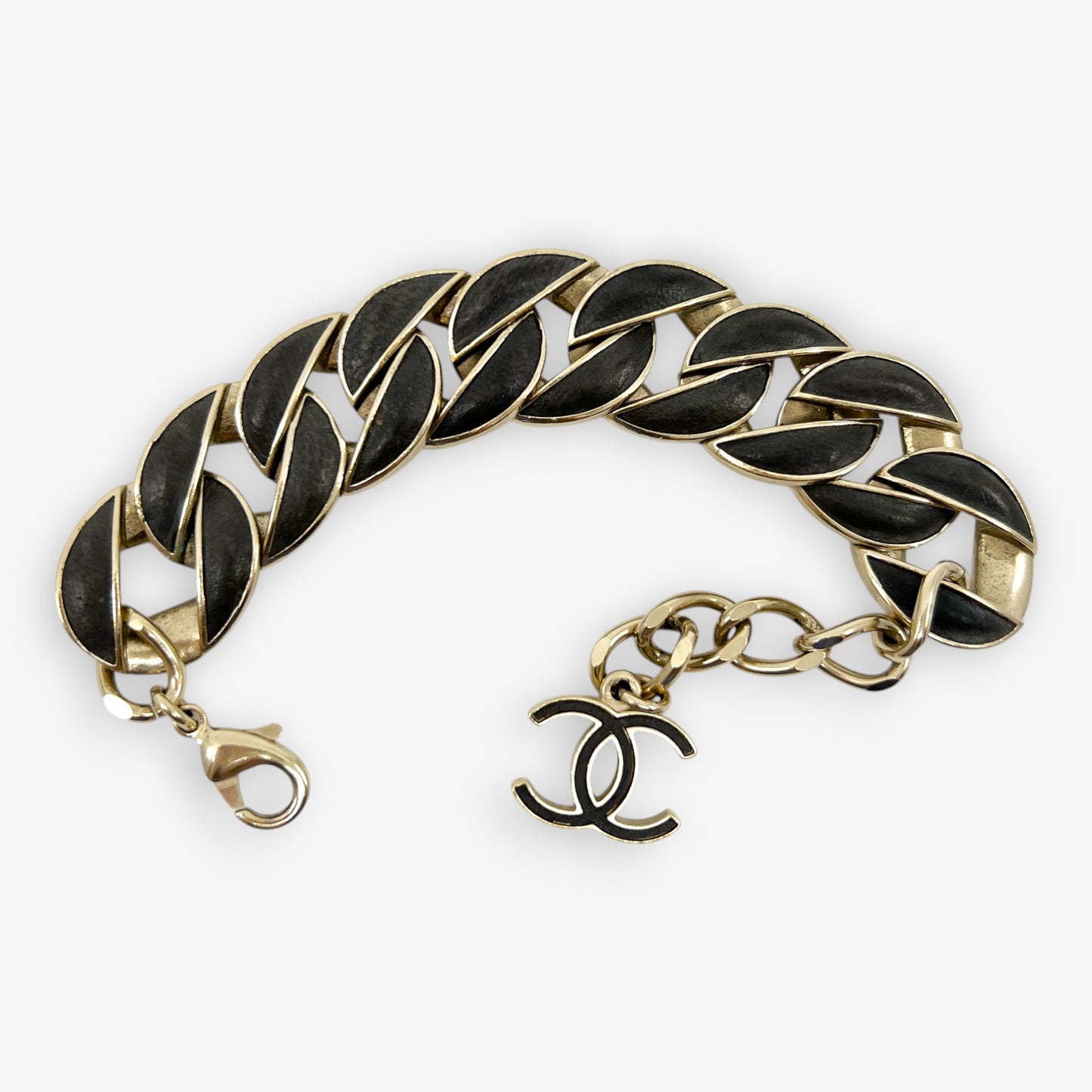 Chanel CC Soft Gold Metal & Brown Leather Chain Link Bracelet