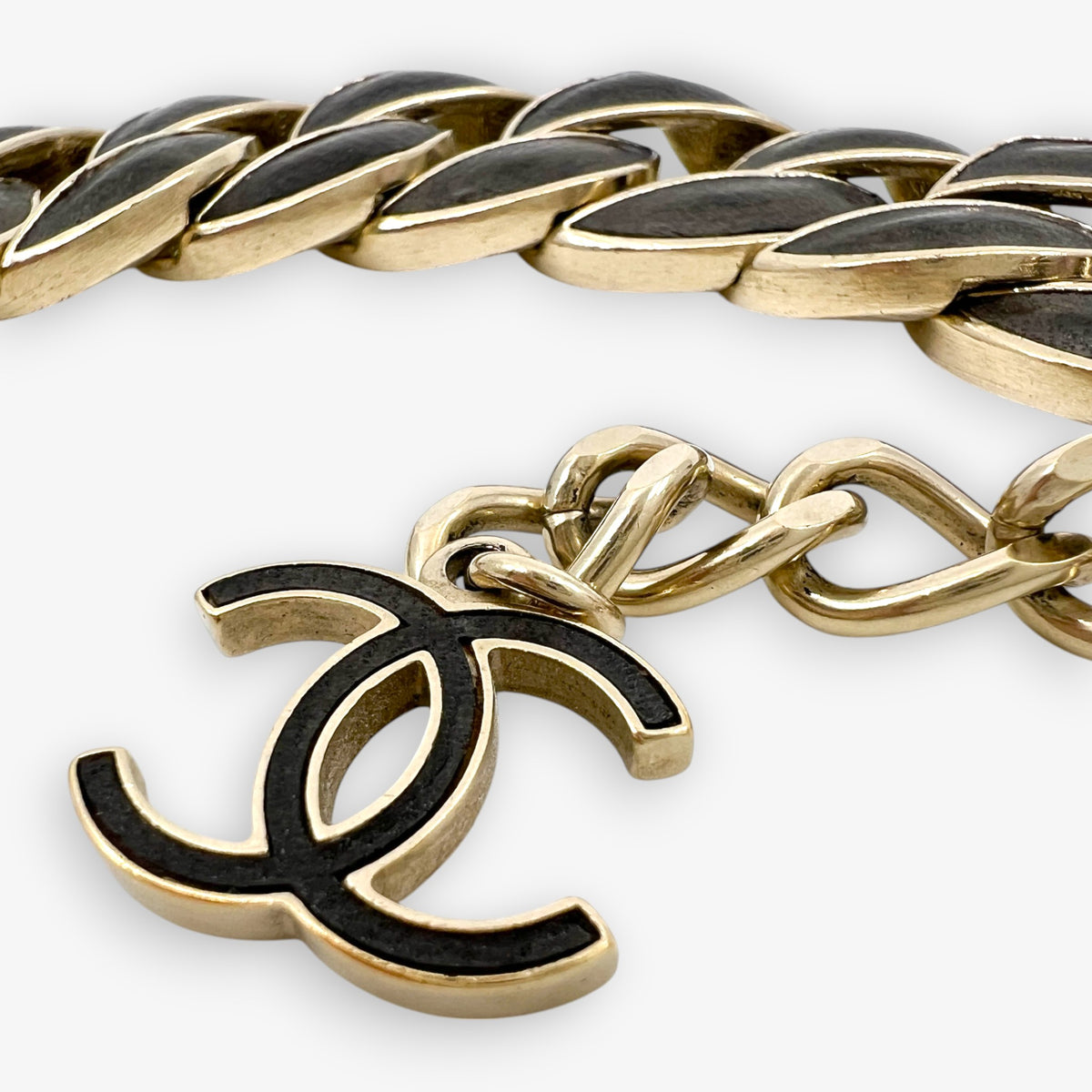 Chanel 2012 Gold-Tone Brown Leather Chain CC Charm Bracelet