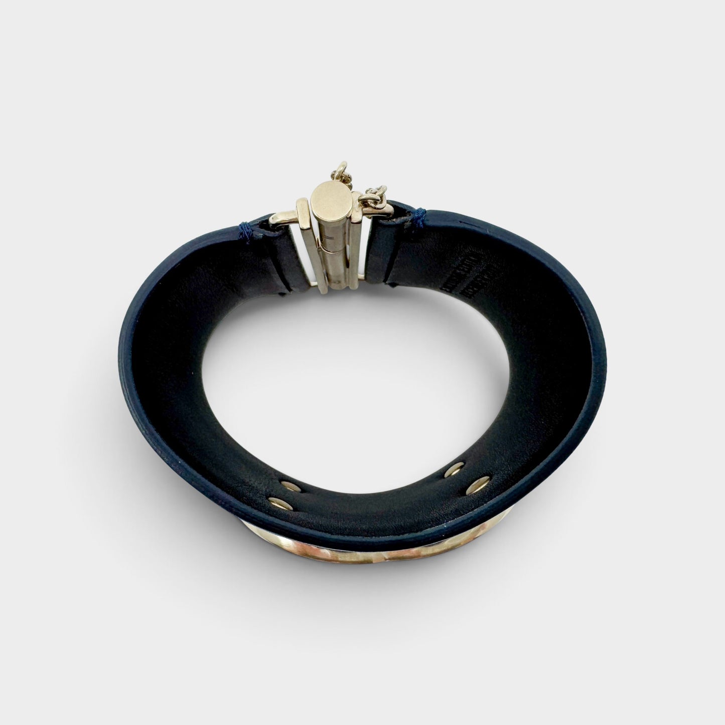 Chanel Navy Blue Leather Gold Tone CC Cuff Bracelet Medium (Exclusive Edition 2017)