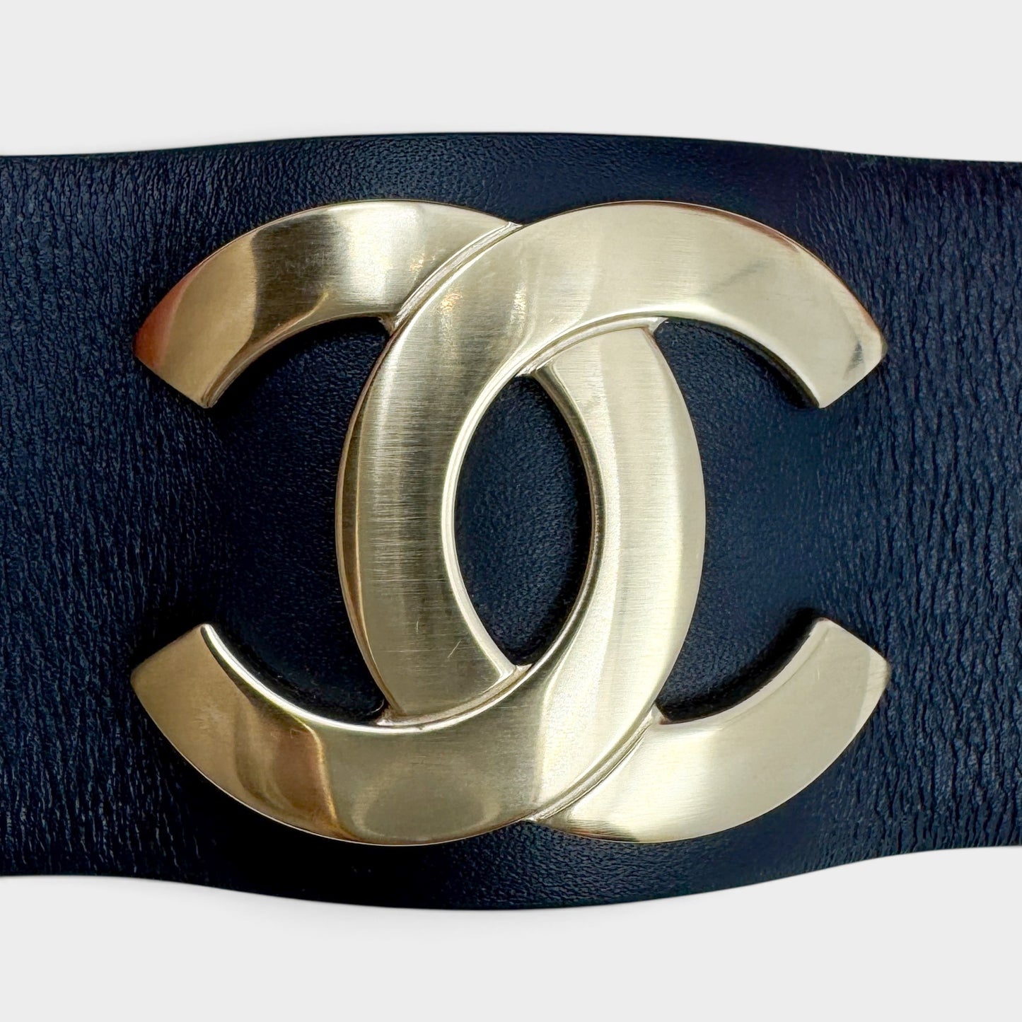Chanel Navy Blue Leather Gold Tone CC Cuff Bracelet Medium (Exclusive Edition 2017)