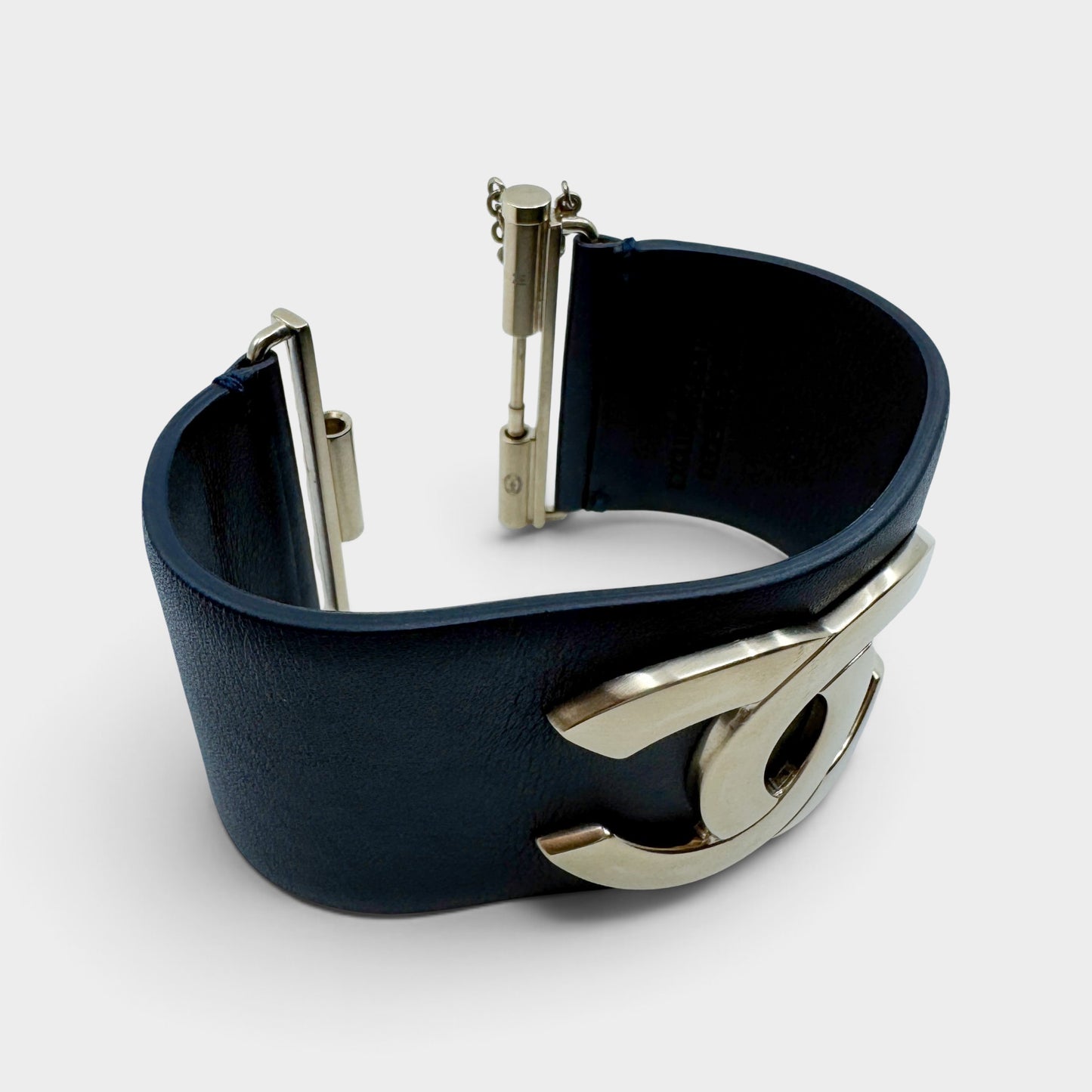 Chanel Navy Blue Leather Gold Tone CC Cuff Bracelet Medium (Exclusive Edition 2017)