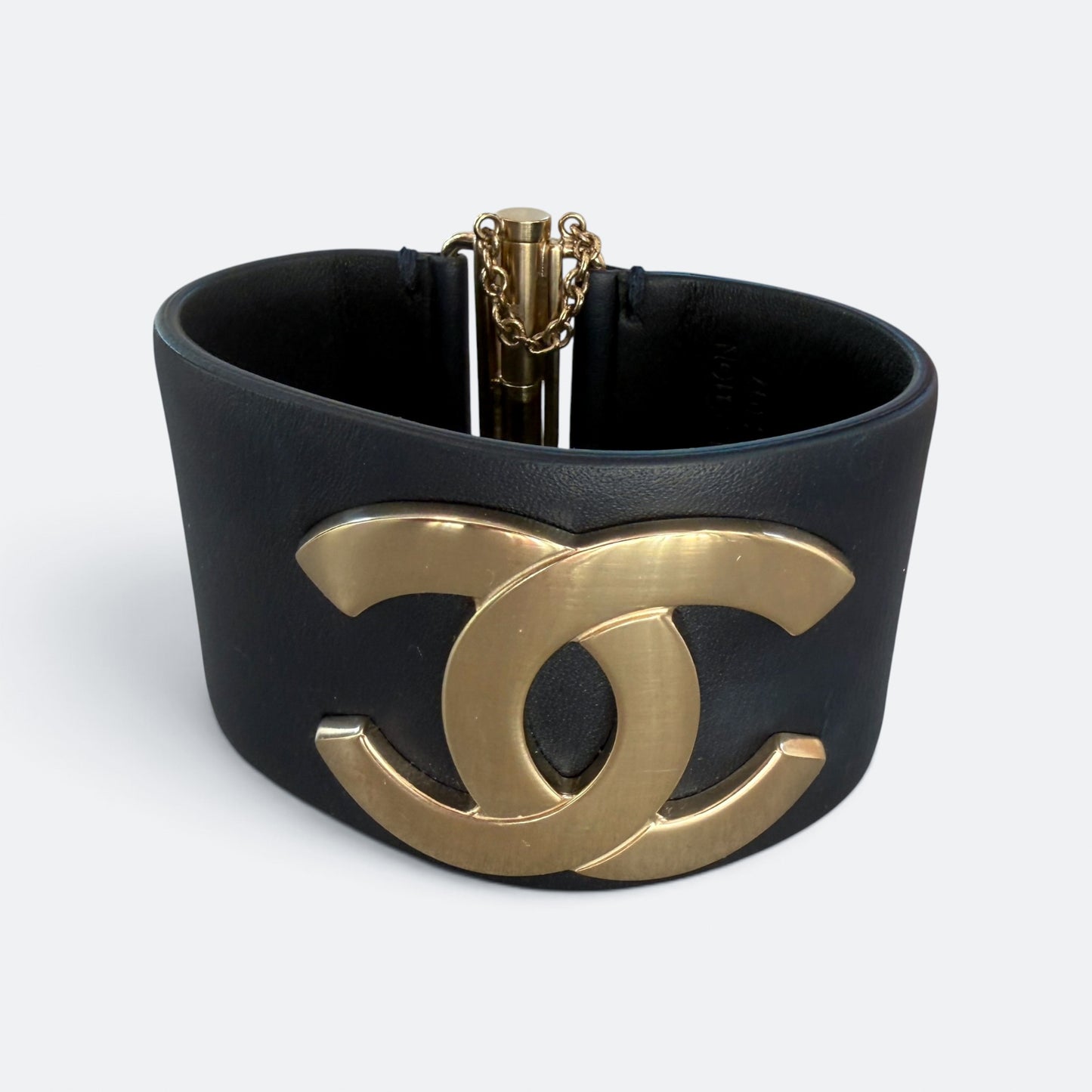 Chanel Navy Blue Leather Gold Tone CC Cuff Bracelet Medium (Exclusive Edition 2017)