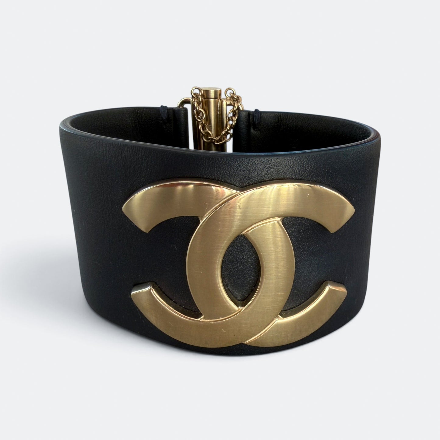 Chanel Navy Blue Leather Gold Tone CC Cuff Bracelet Medium (Exclusive Edition 2017)