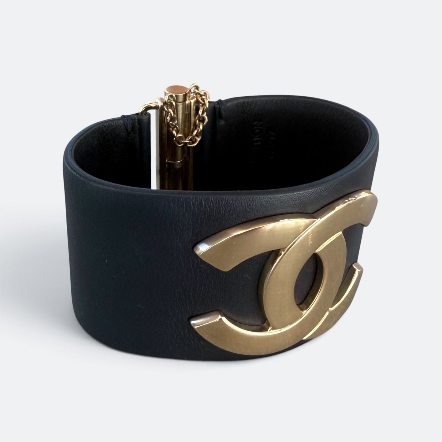Chanel Navy Blue Leather Gold Tone CC Cuff Bracelet Medium (Exclusive Edition 2017)