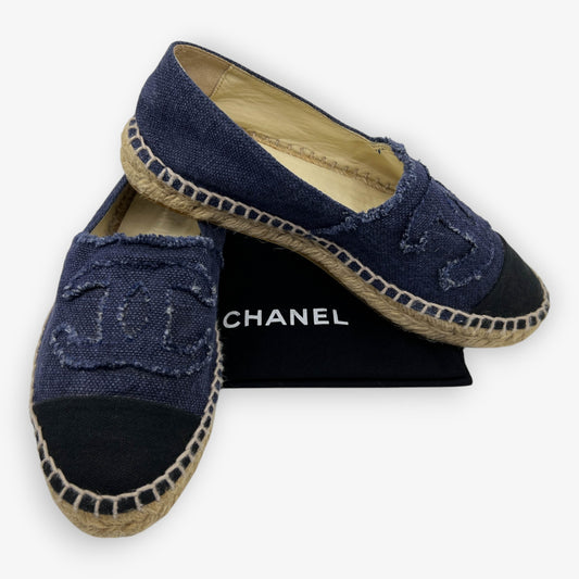 Chanel Navy Blue Canvas Slip-On Espadrilles Shoes EU38 ~ AU7