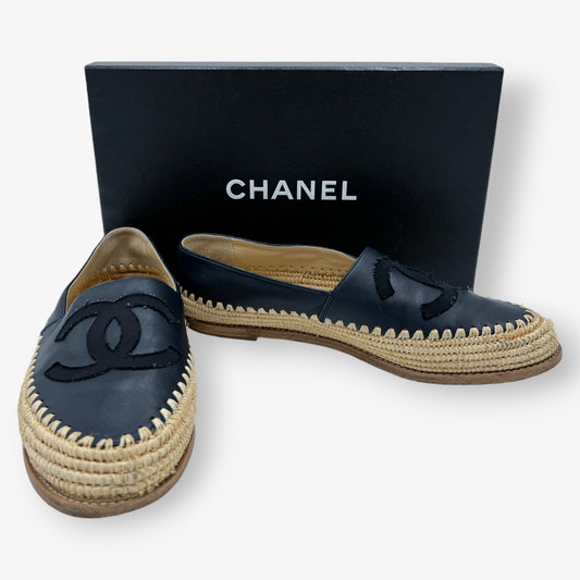 Chanel Dark Navy Leather Logo Espadrille Shoes EU39 ~ U8