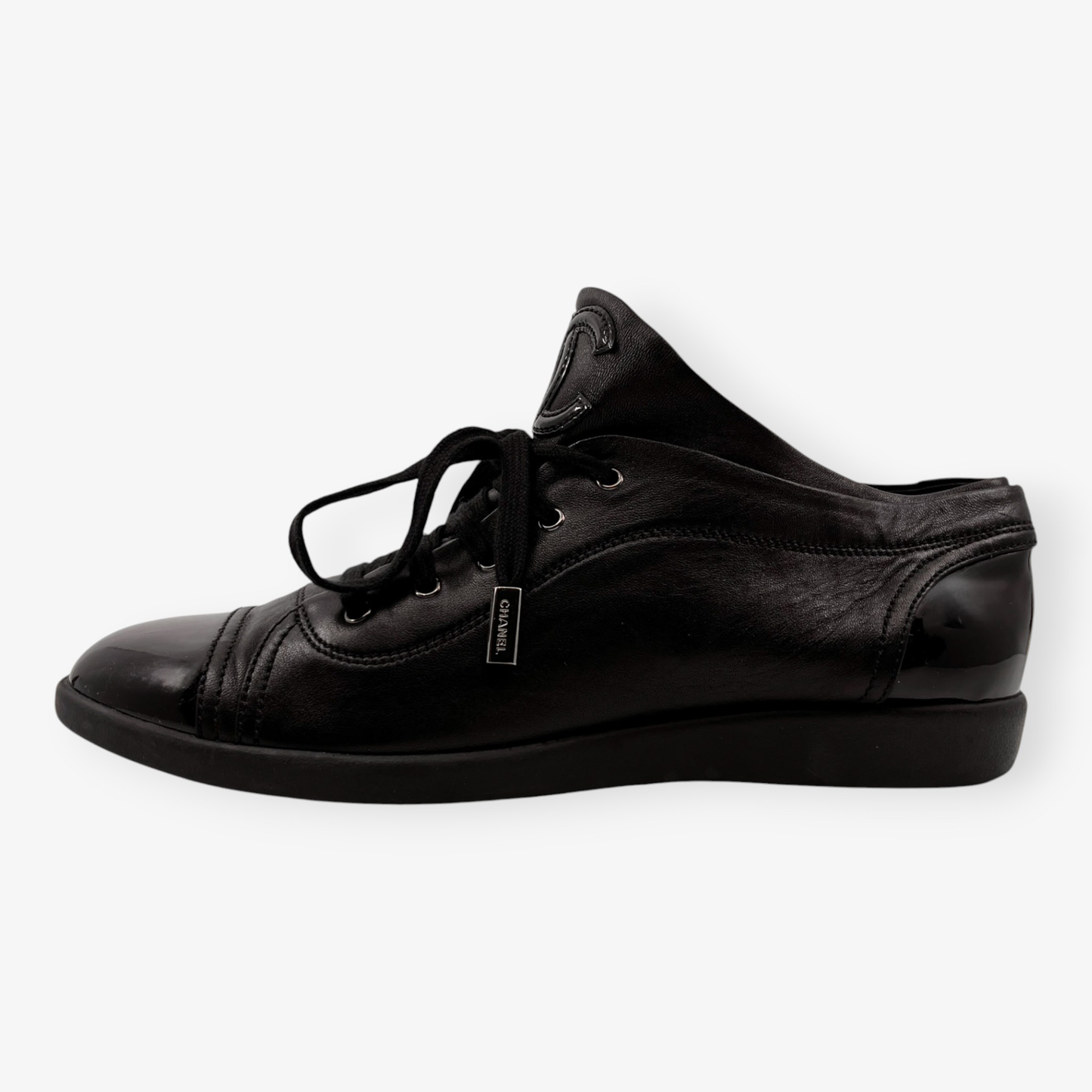 Chanel Black Patent and Leather CC Low Top Sneakers EU41 ~ AU10