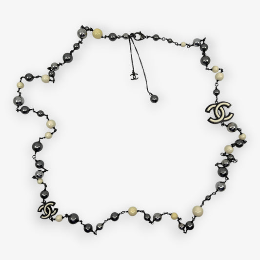 Chanel CC Black and Silver Pearl & Beaded Long Necklace