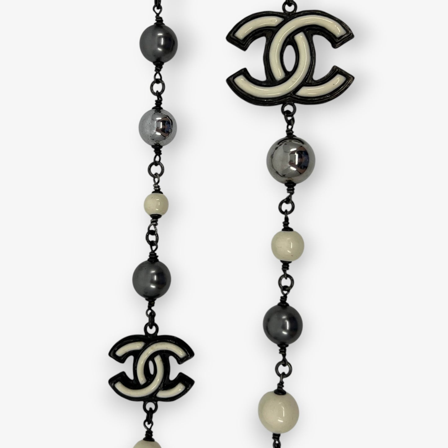 Chanel CC Black and Silver Pearl & Beaded Long Necklace