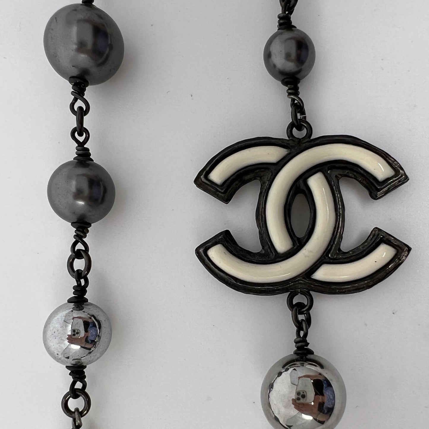 Chanel CC Black and Silver Pearl & Beaded Long Necklace