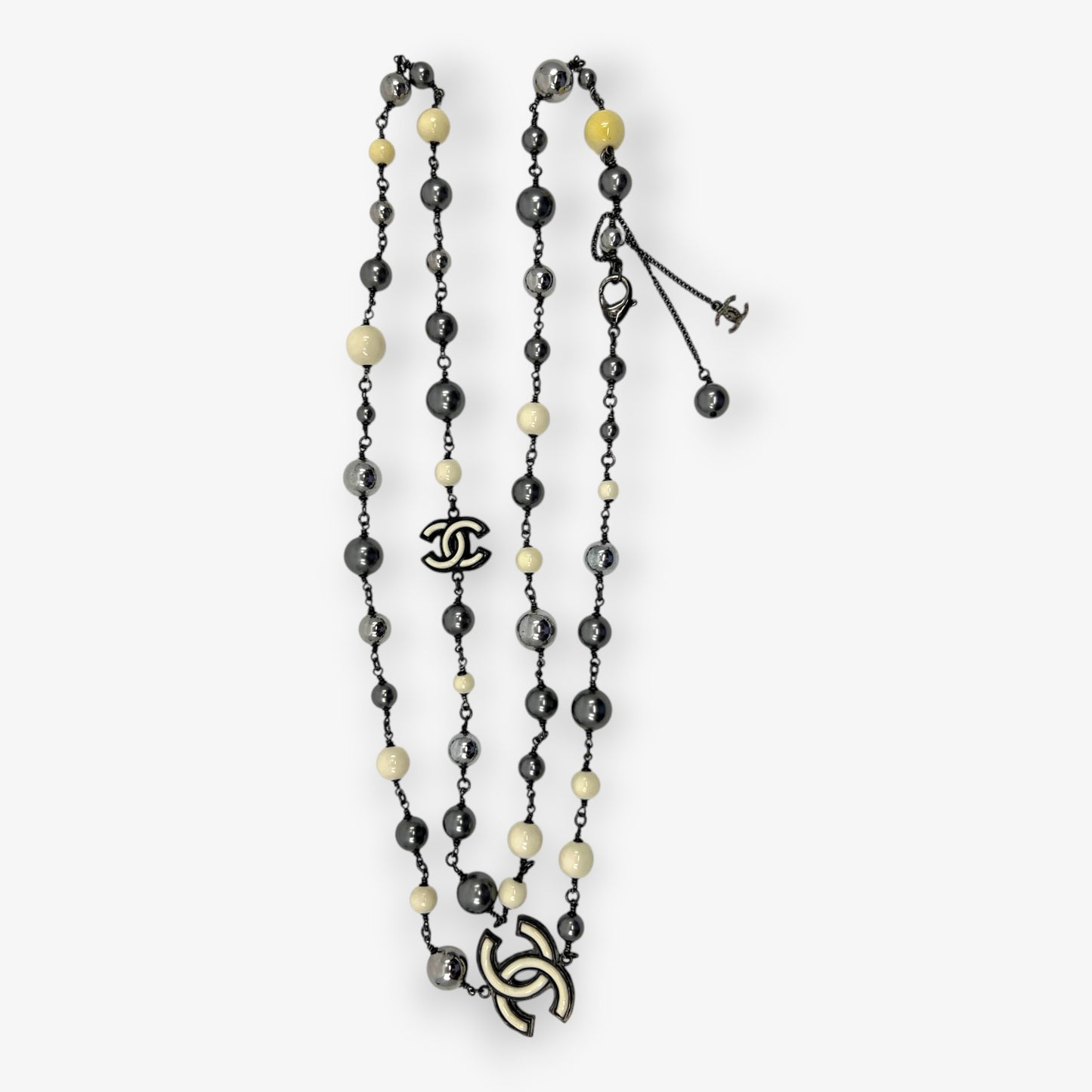 Chanel CC Black and Silver Pearl & Beaded Long Necklace