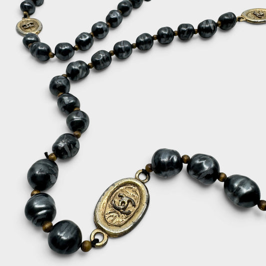 Chanel Grey Baroque Faux Pearl CC Sautoir Long Necklace Gold Vintage 1980s