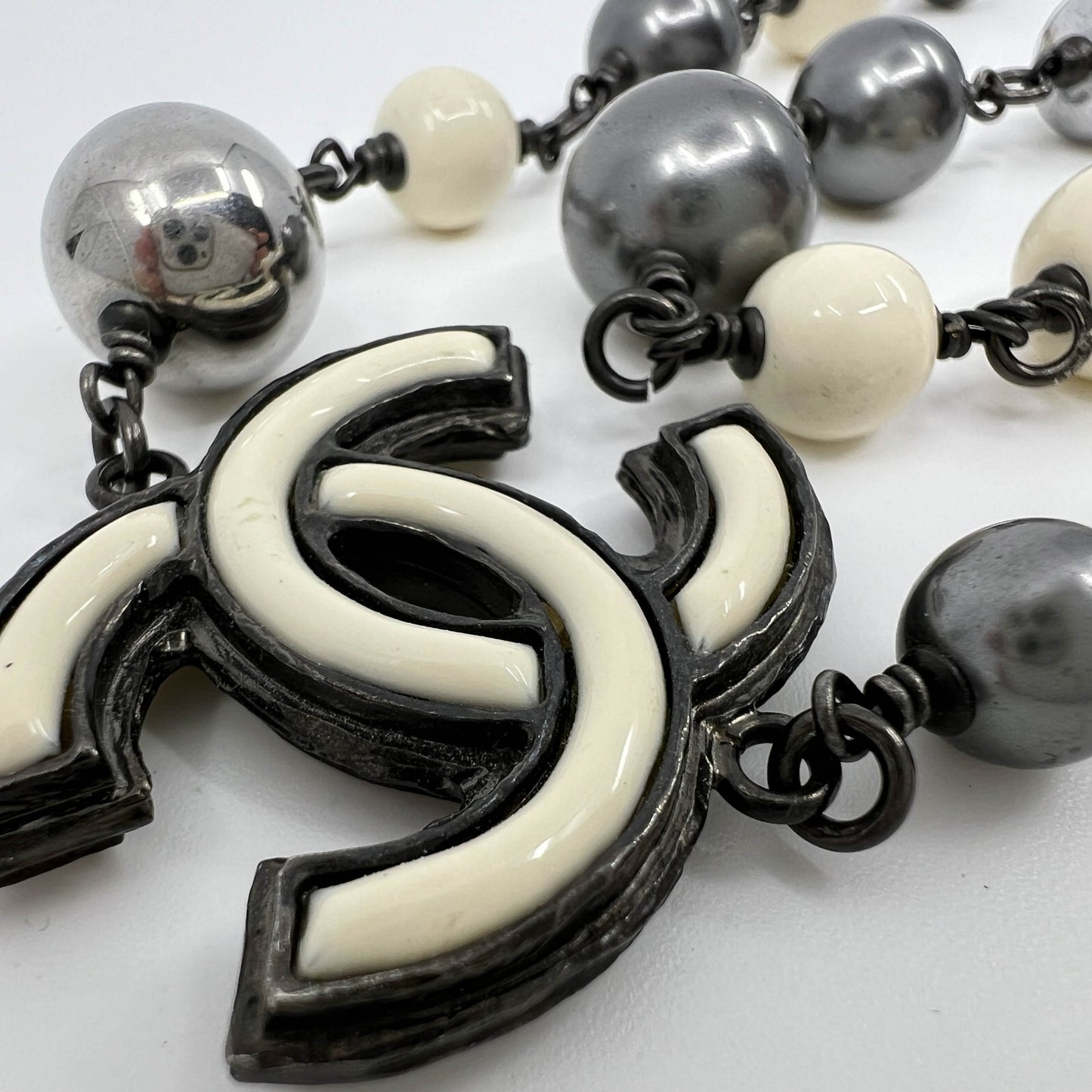 Chanel CC Black and Silver Pearl & Beaded Long Necklace