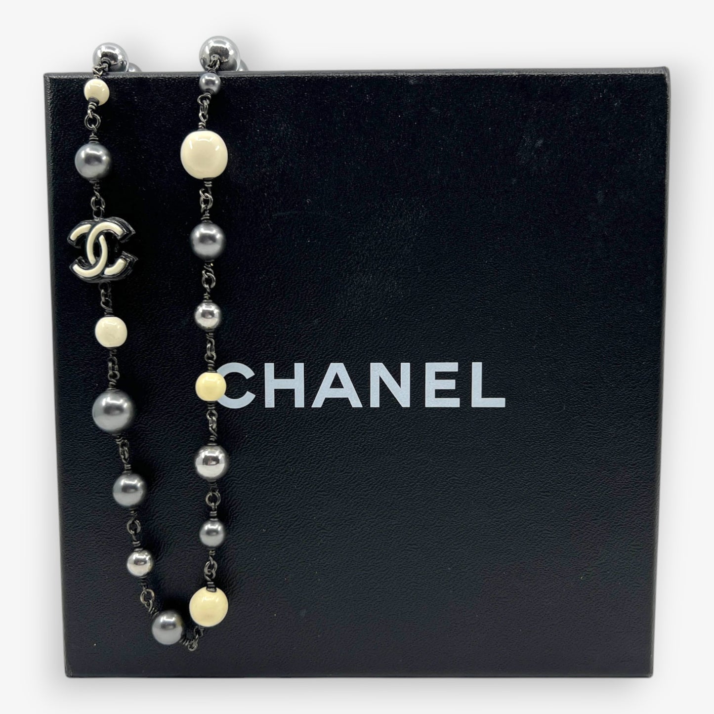 Chanel CC Black and Silver Pearl & Beaded Long Necklace