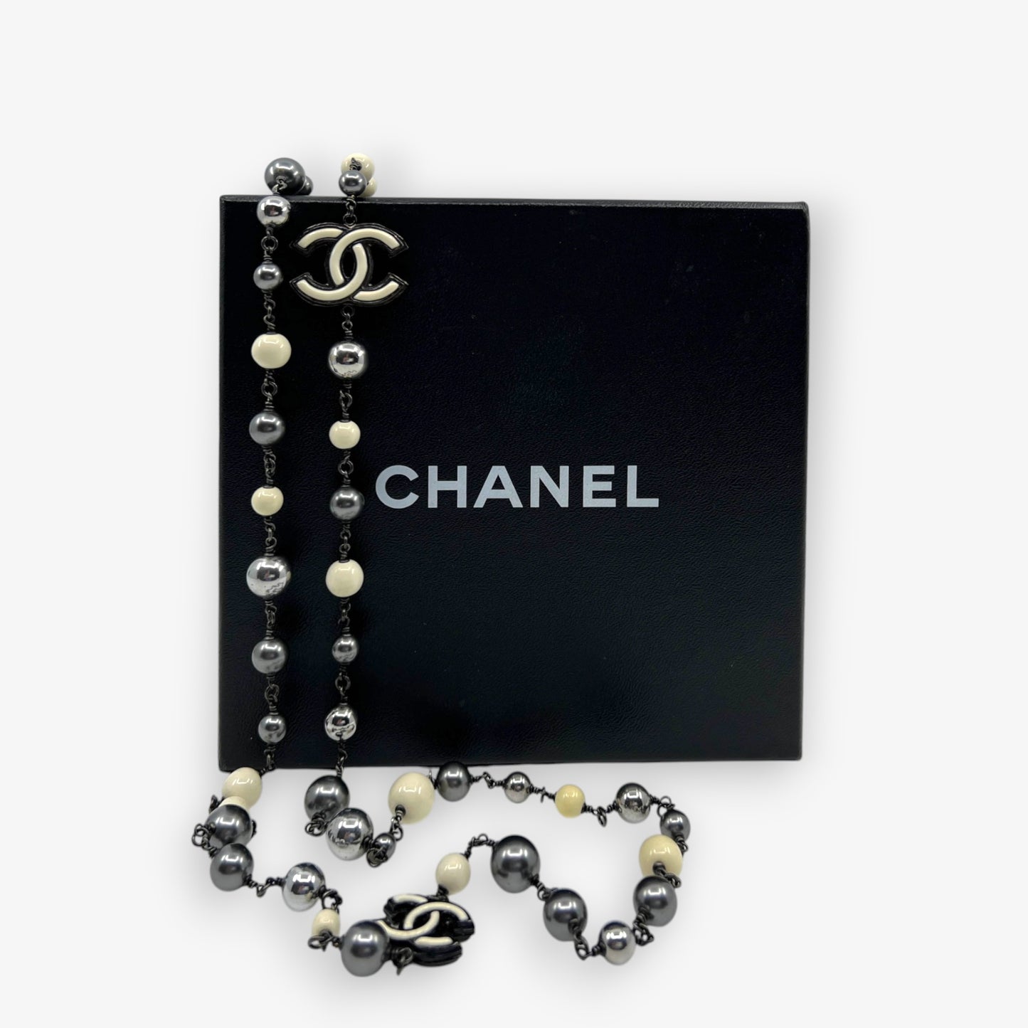 Chanel CC Black and Silver Pearl & Beaded Long Necklace