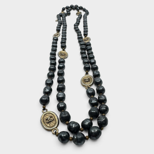 Chanel Grey Baroque Faux Pearl CC Sautoir Long Necklace Gold Vintage 1980s
