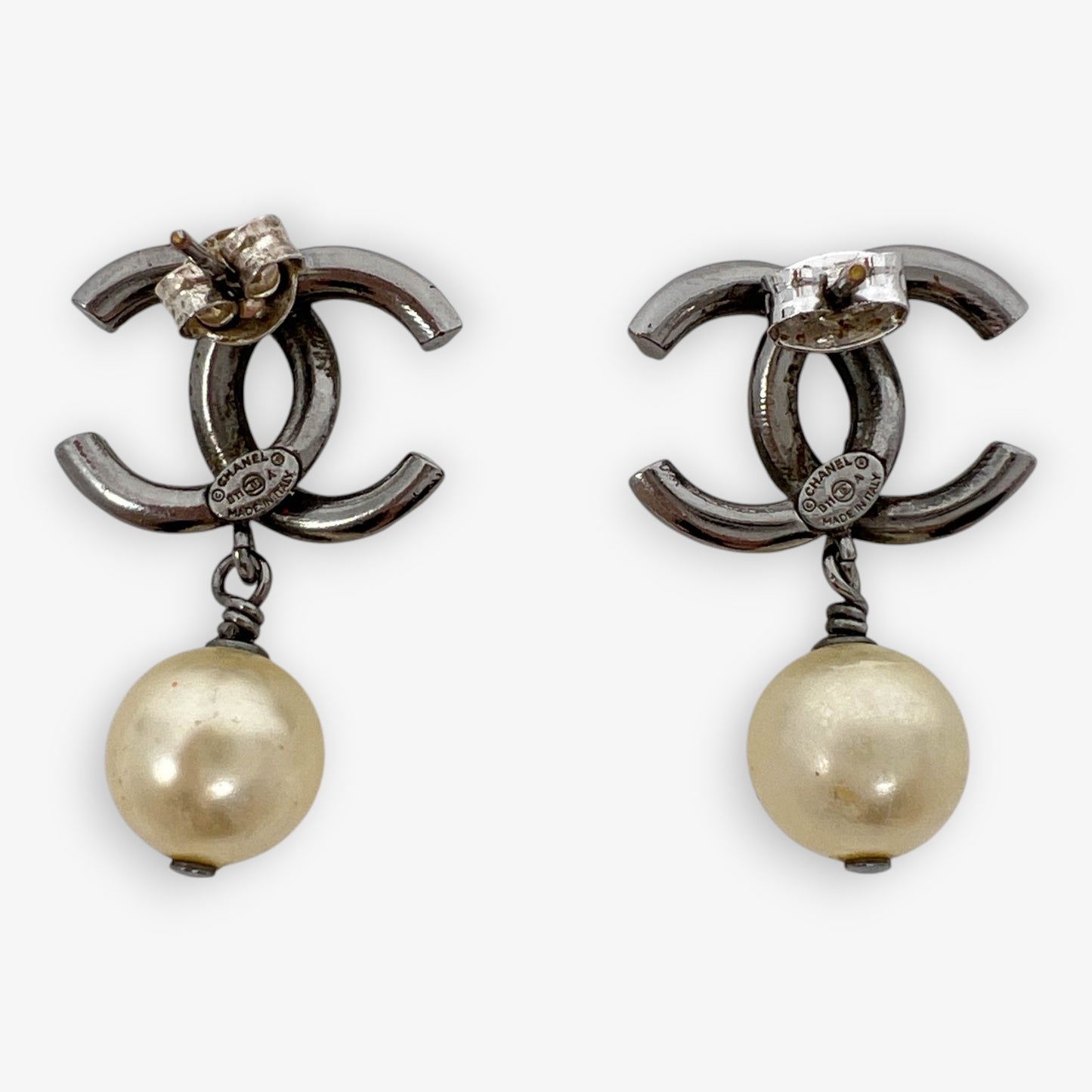 Chanel CC Pewter Tone & Pearl Earrings