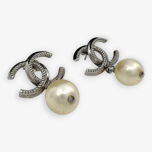 Chanel CC Pewter Tone & Pearl Earrings