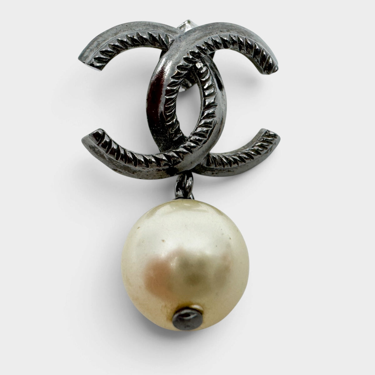 Chanel CC Silver Tone Metal & Faux Pearl Drop Earrings