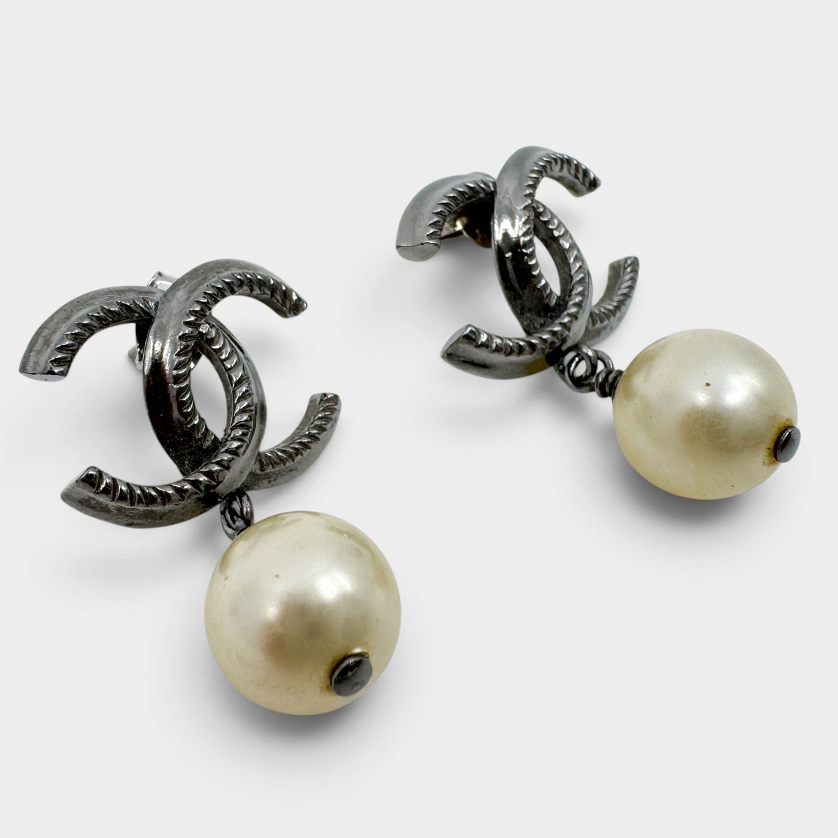 Chanel CC Silver Tone Metal & Faux Pearl Drop Earrings