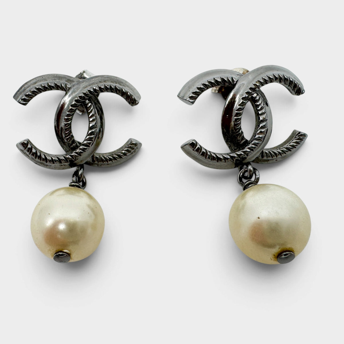 Chanel CC Silver Tone Metal & Faux Pearl Drop Earrings