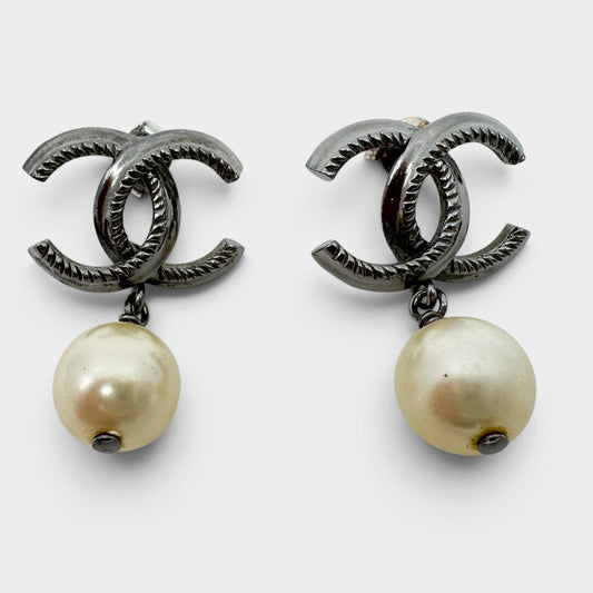 Chanel CC Silver Tone Metal & Faux Pearl Drop Earrings