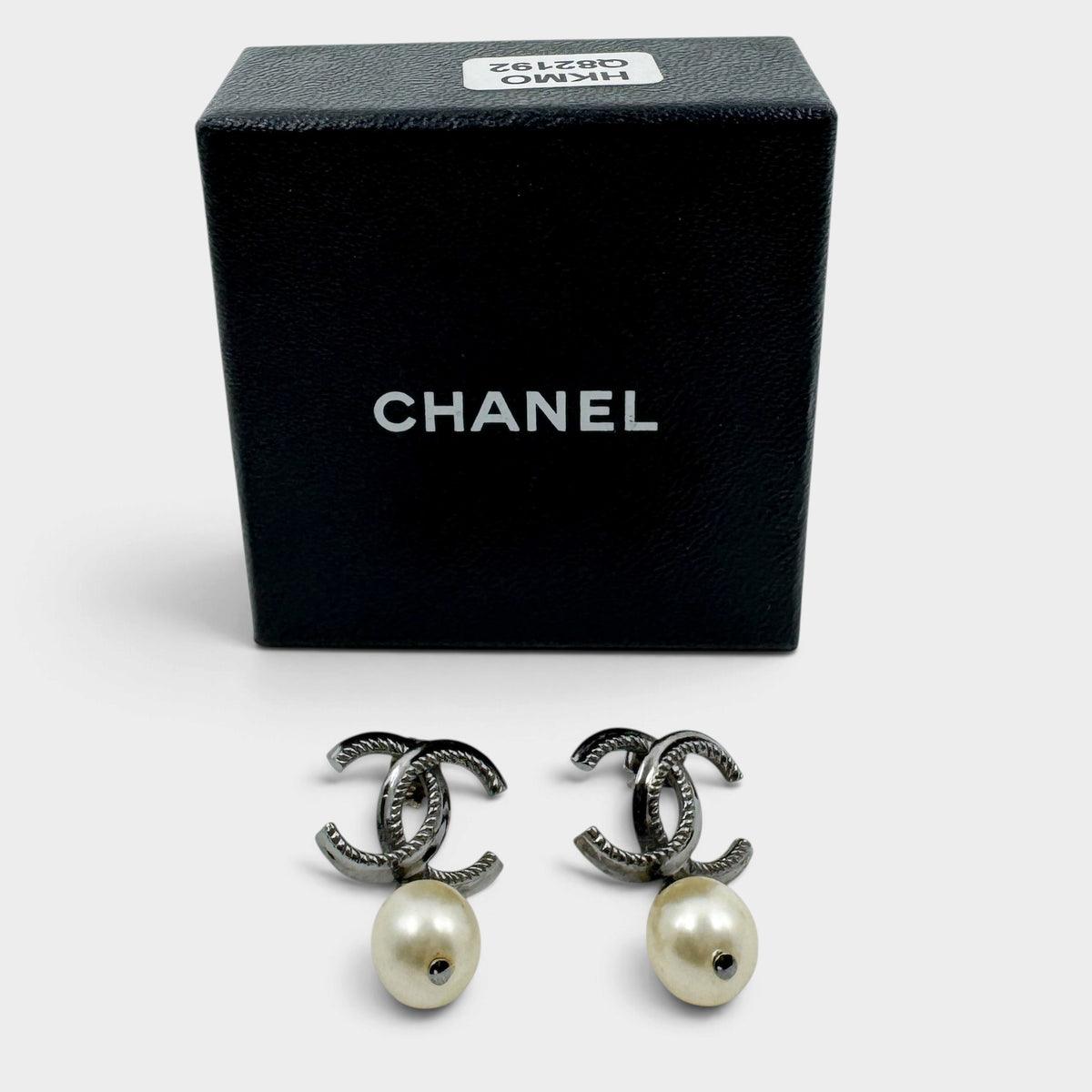 Chanel CC Silver Tone Metal & Faux Pearl Drop Earrings