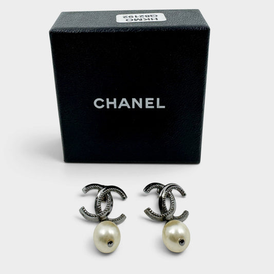 Chanel CC Silver Tone Metal & Faux Pearl Drop Earrings