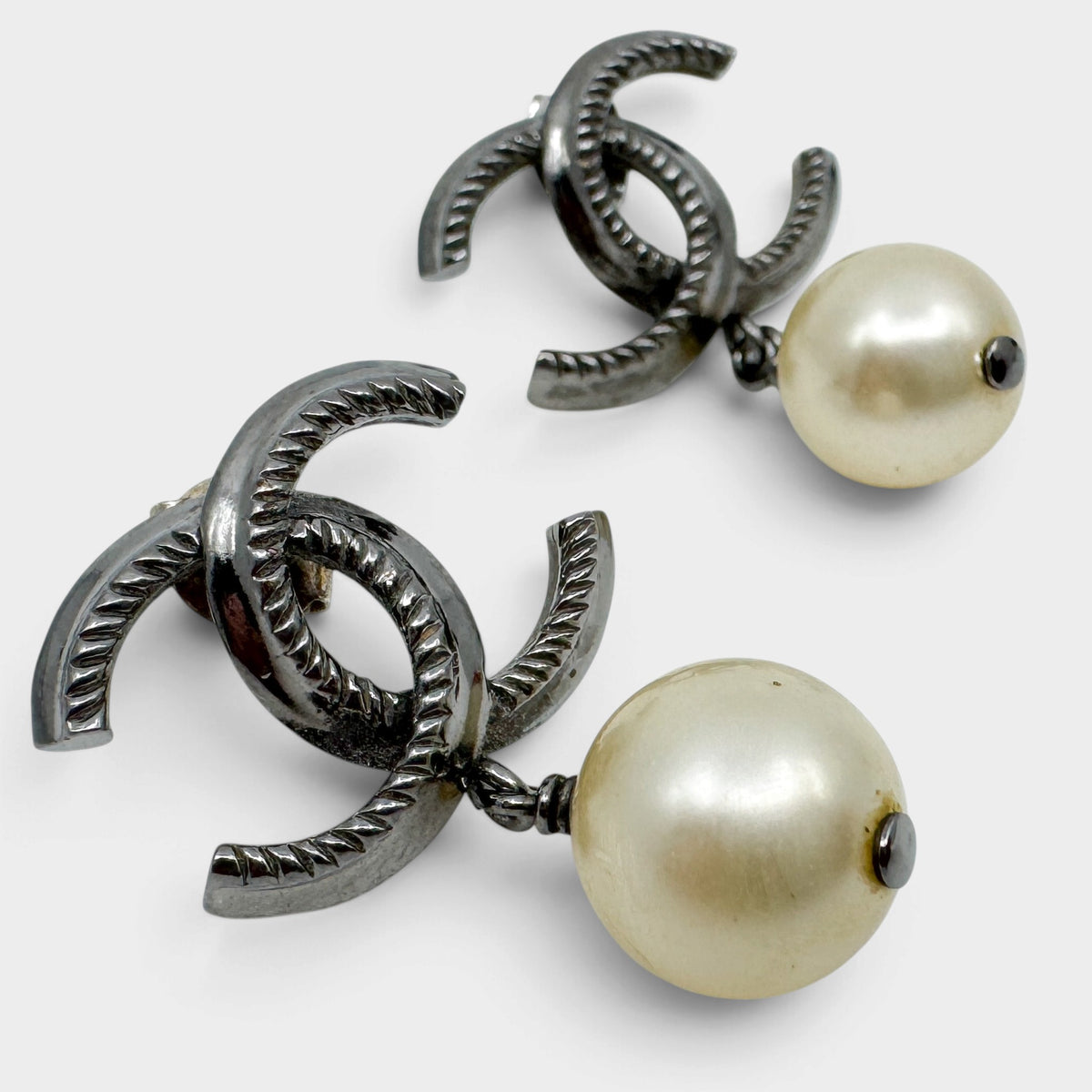 Chanel CC Silver Tone Metal & Faux Pearl Drop Earrings