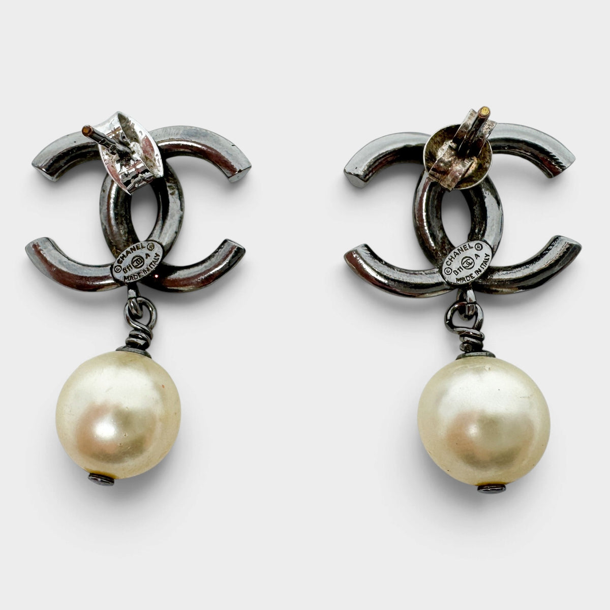 Chanel CC Silver Tone Metal & Faux Pearl Drop Earrings
