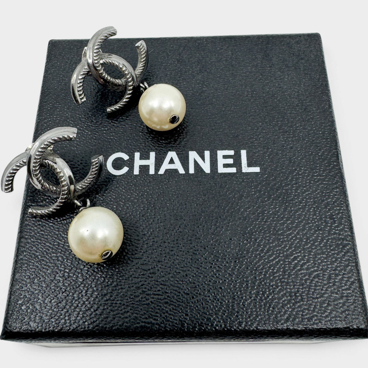 Chanel CC Silver Tone Metal & Faux Pearl Drop Earrings