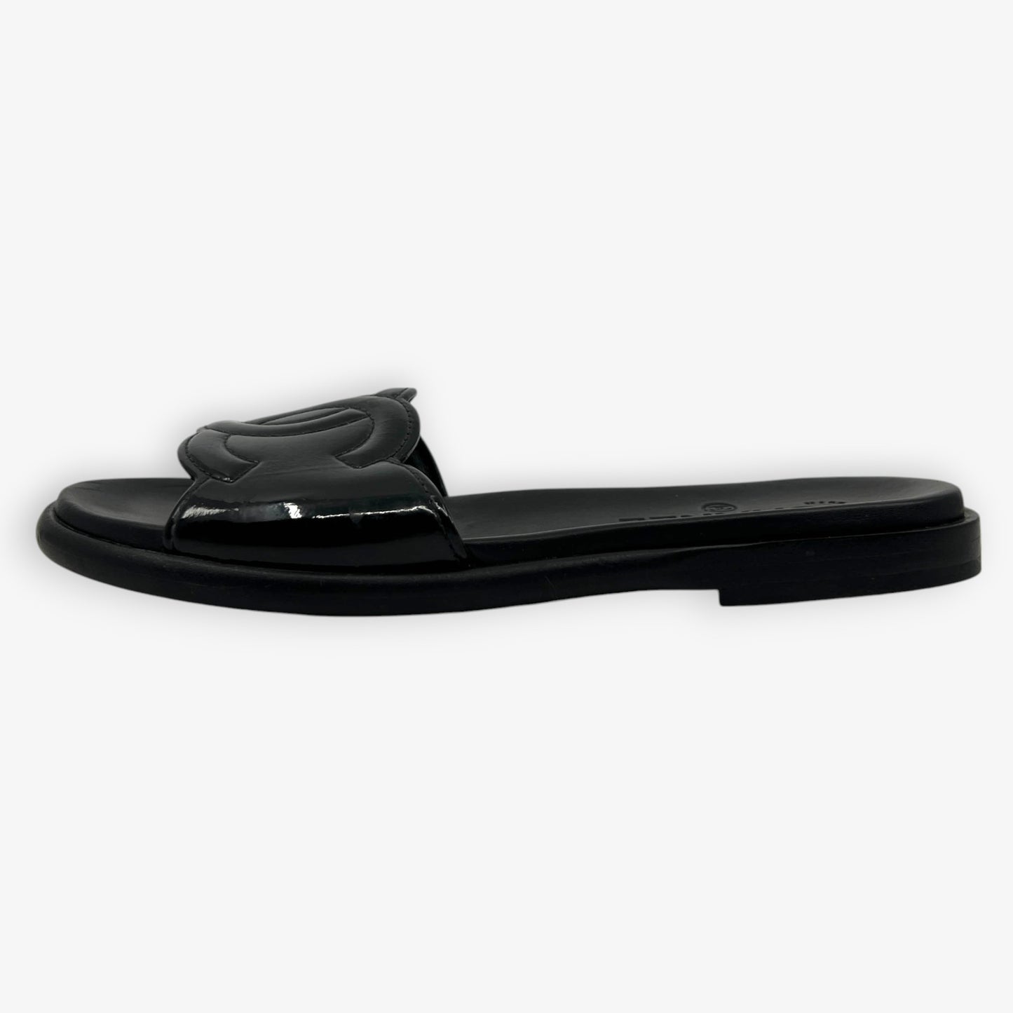 Chanel Black Patent Leather Sandal Slide Shoes EU38 C ~ AU7