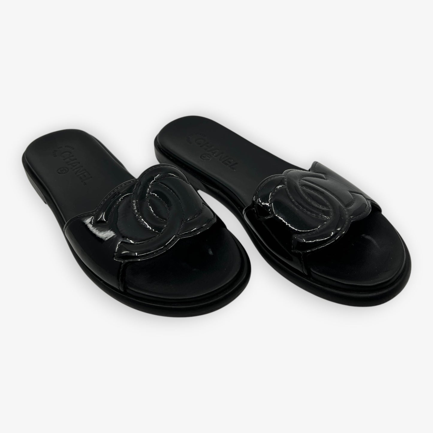 Chanel Black Patent Leather Sandal Slide Shoes EU38 C ~ AU7