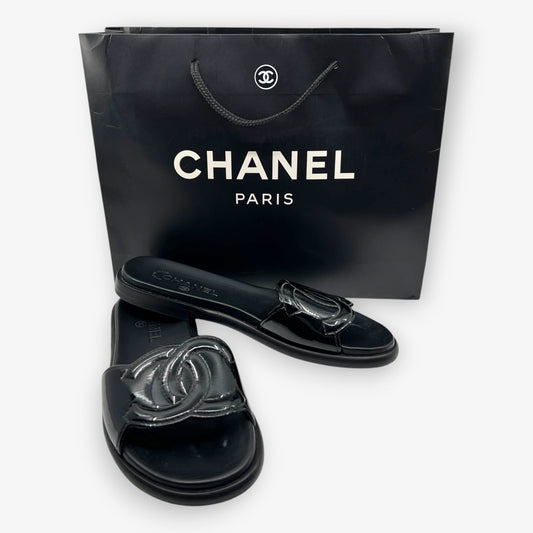 Chanel Black Patent Leather Sandal Slide Shoes EU38 C ~ AU7