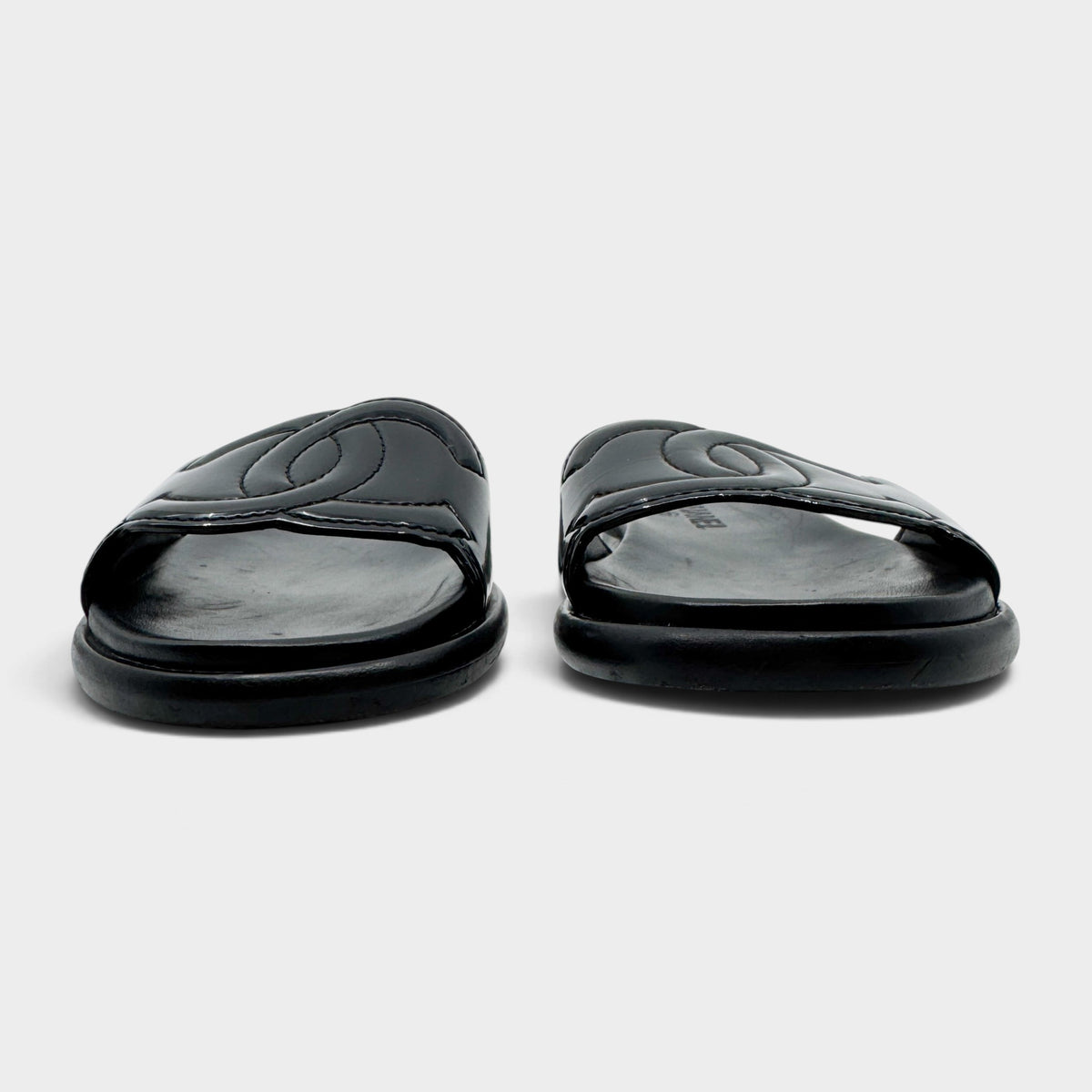 Chanel CC Logo Black Patent Leather Slides Sandals EU38 ~ AU7