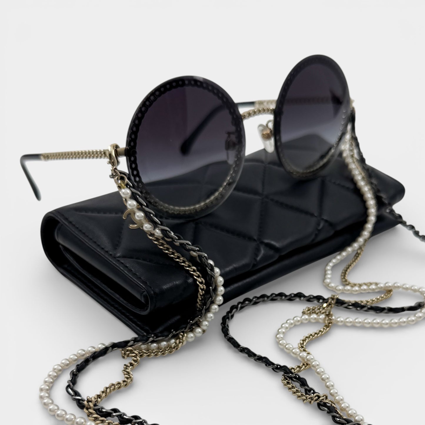 Chanel Round Rimless Sunglasses Faux Pearl Chain [4245]