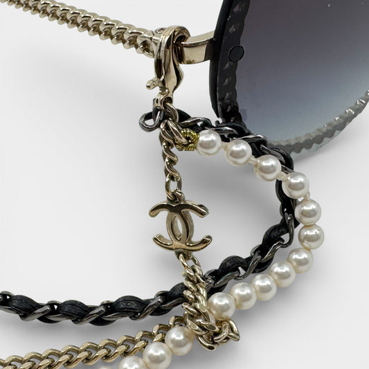 Chanel Round Rimless Sunglasses Faux Pearl Chain [4245]